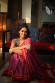 Pink Check Cotton Ilkal Saree with Gayatri Border - SRPCCIS598