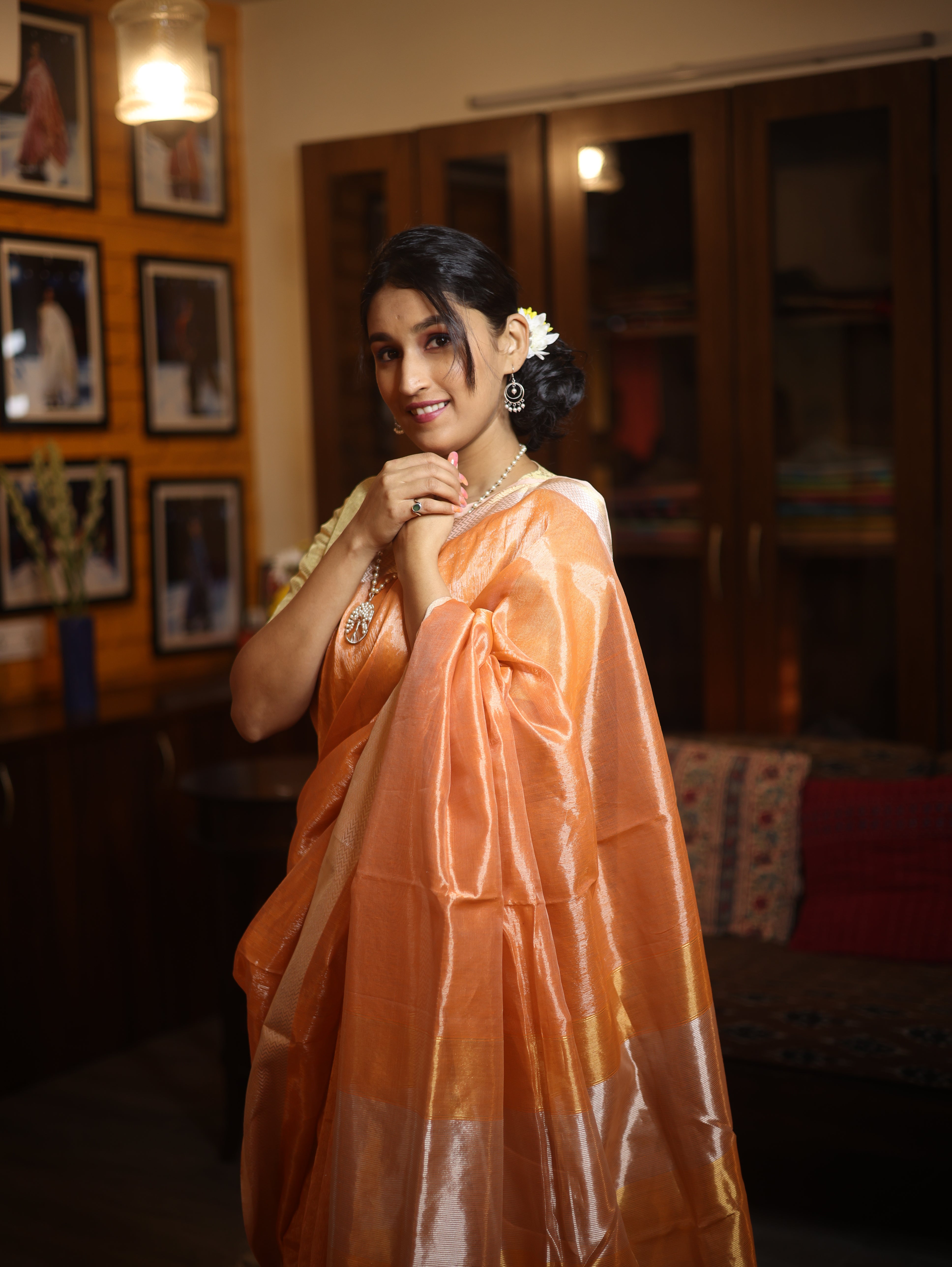 Orange Maheshwari Tissue Saree - SROMTS313