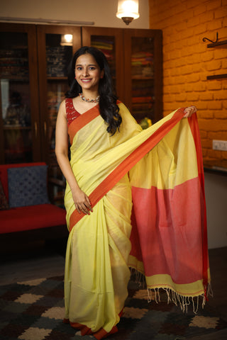 Pastel Yellow Bengal Cotton Saree-SRPYBCS1