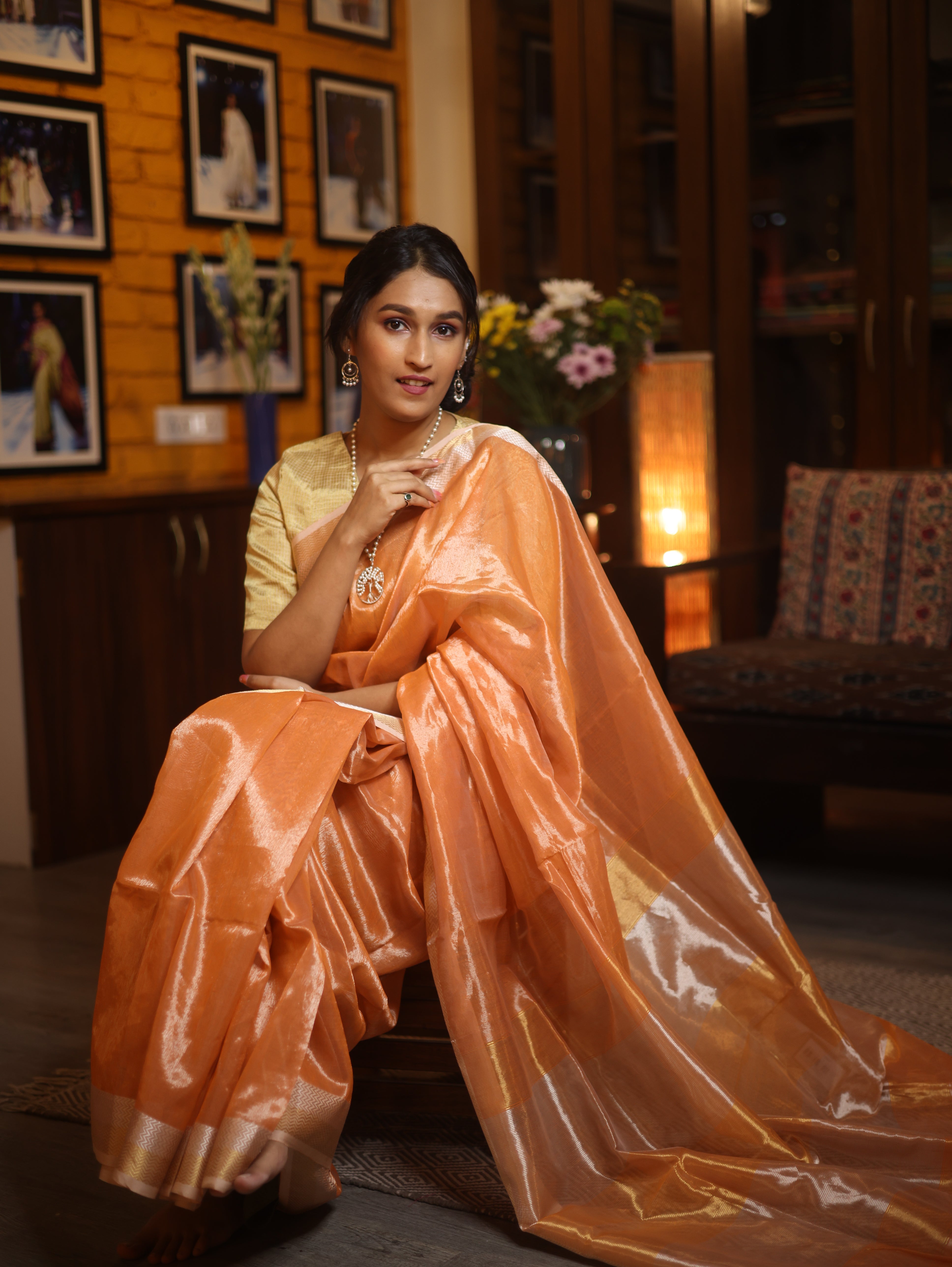 Orange Maheshwari Tissue Saree - SROMTS313