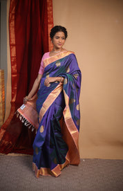 Dual Tone Peacock Blue Kanjivaram Silk Saree - SRDTPBKSS1015