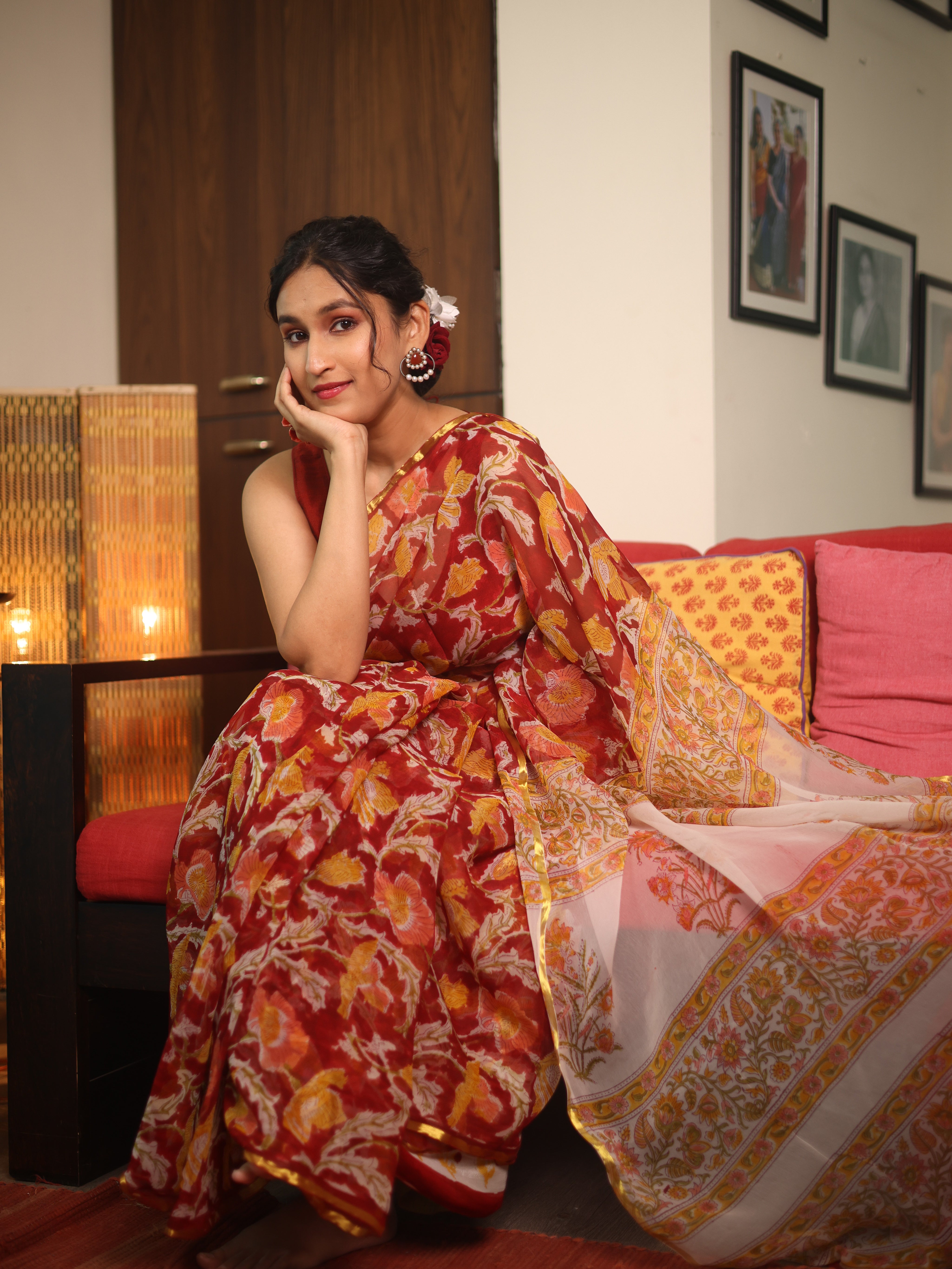 Red HBP Chiffon Saree - SRRHGS16