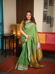 Green Plain Cotton Ilkal Saree With Gayatri Border - SRGCIS806
