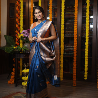 Dark Peacock Blue Banarasi Silk Saree-SRDPBBSS406