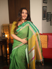 Green Plain Cotton Ilkal Saree With Gayatri Border - SRGCIS806
