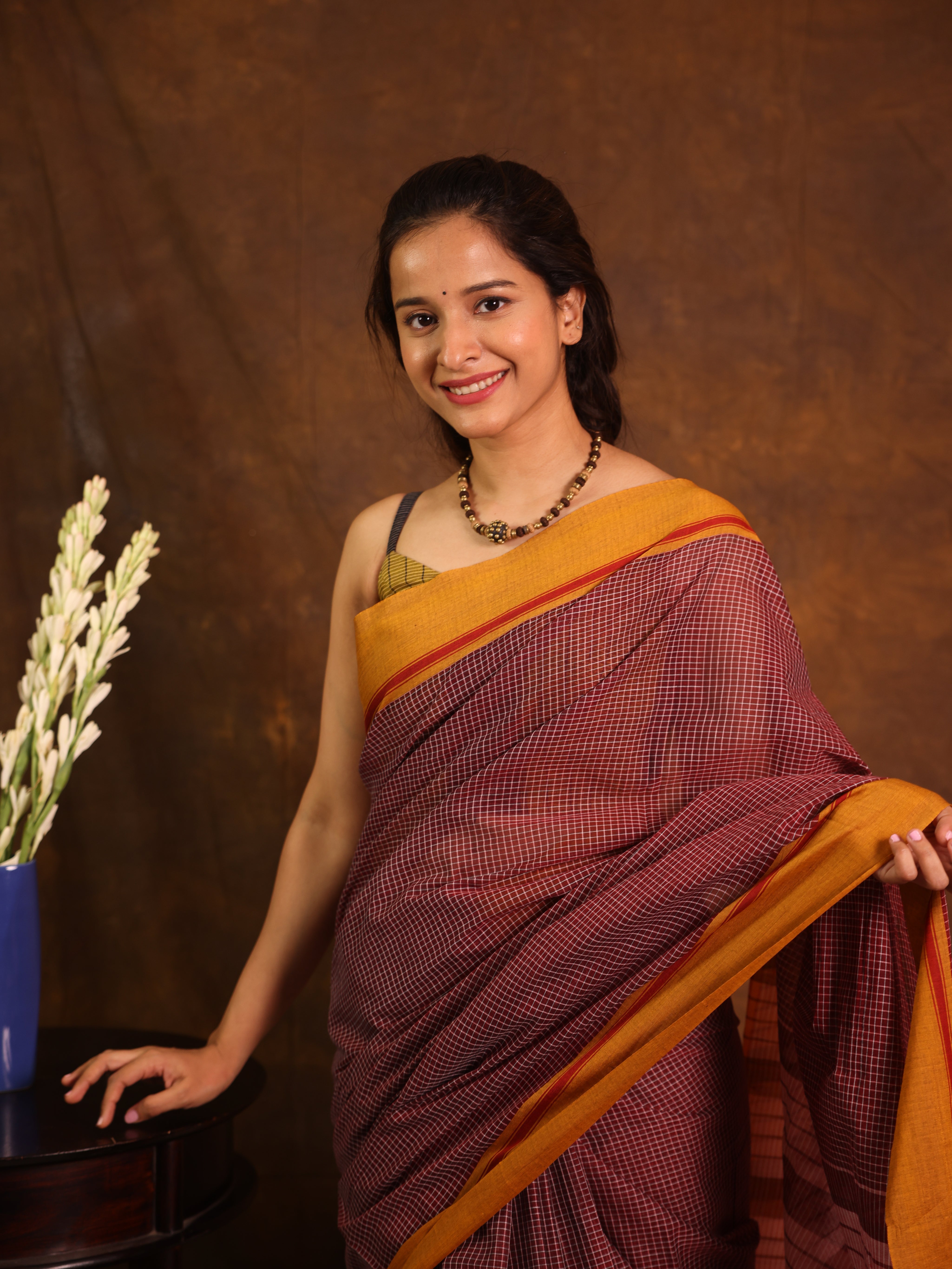 Maroon Big Checks Cotton Patteda Anchu Saree - SRMPAS326