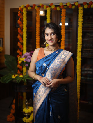 Dark Peacock Blue Banarasi Silk Saree-SRDPBBSS406