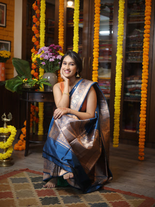 Dark Peacock Blue Banarasi Silk Saree-SRDPBBSS406