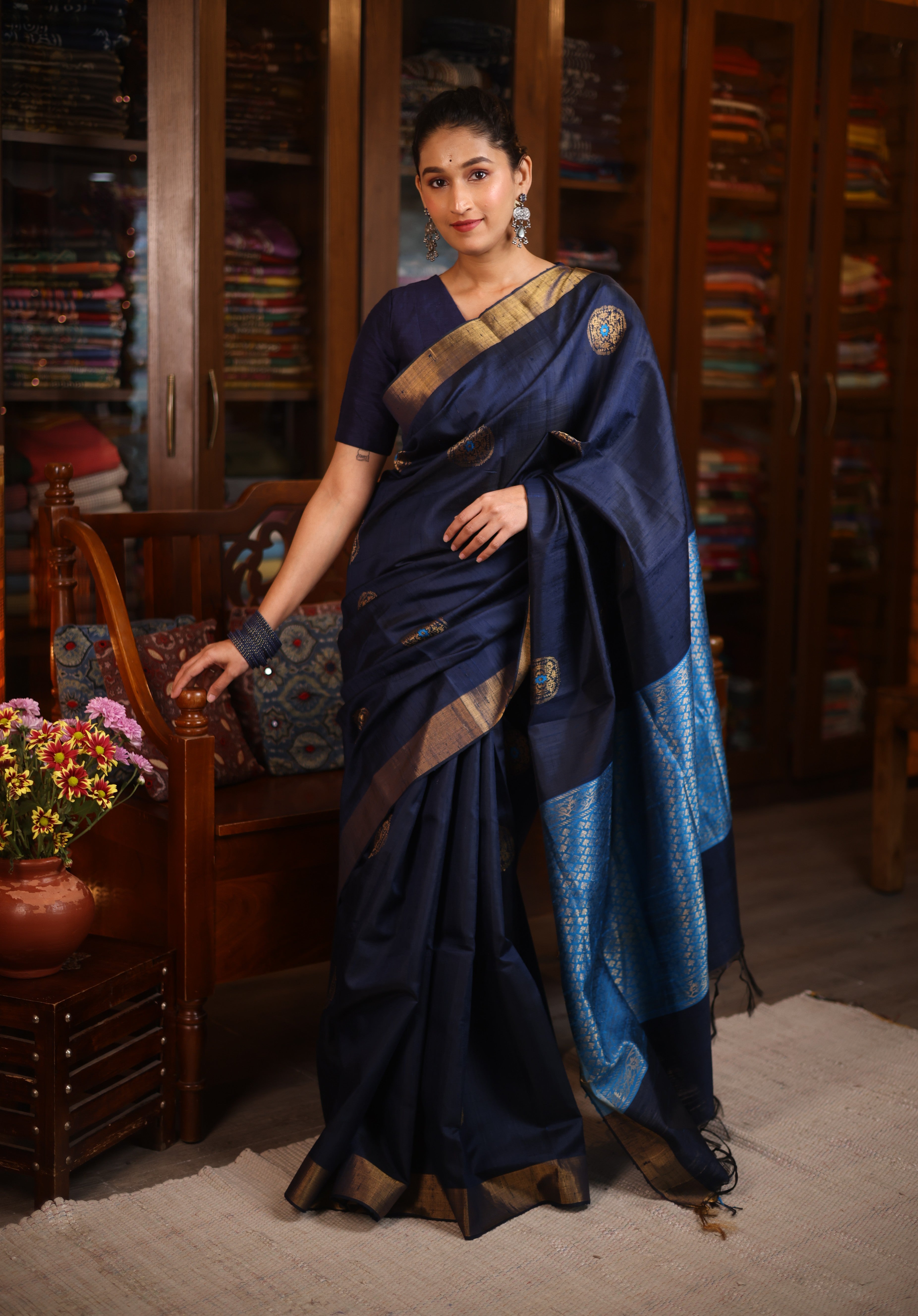 Dark Blue Raw Silk Saree - SRDBRSS802