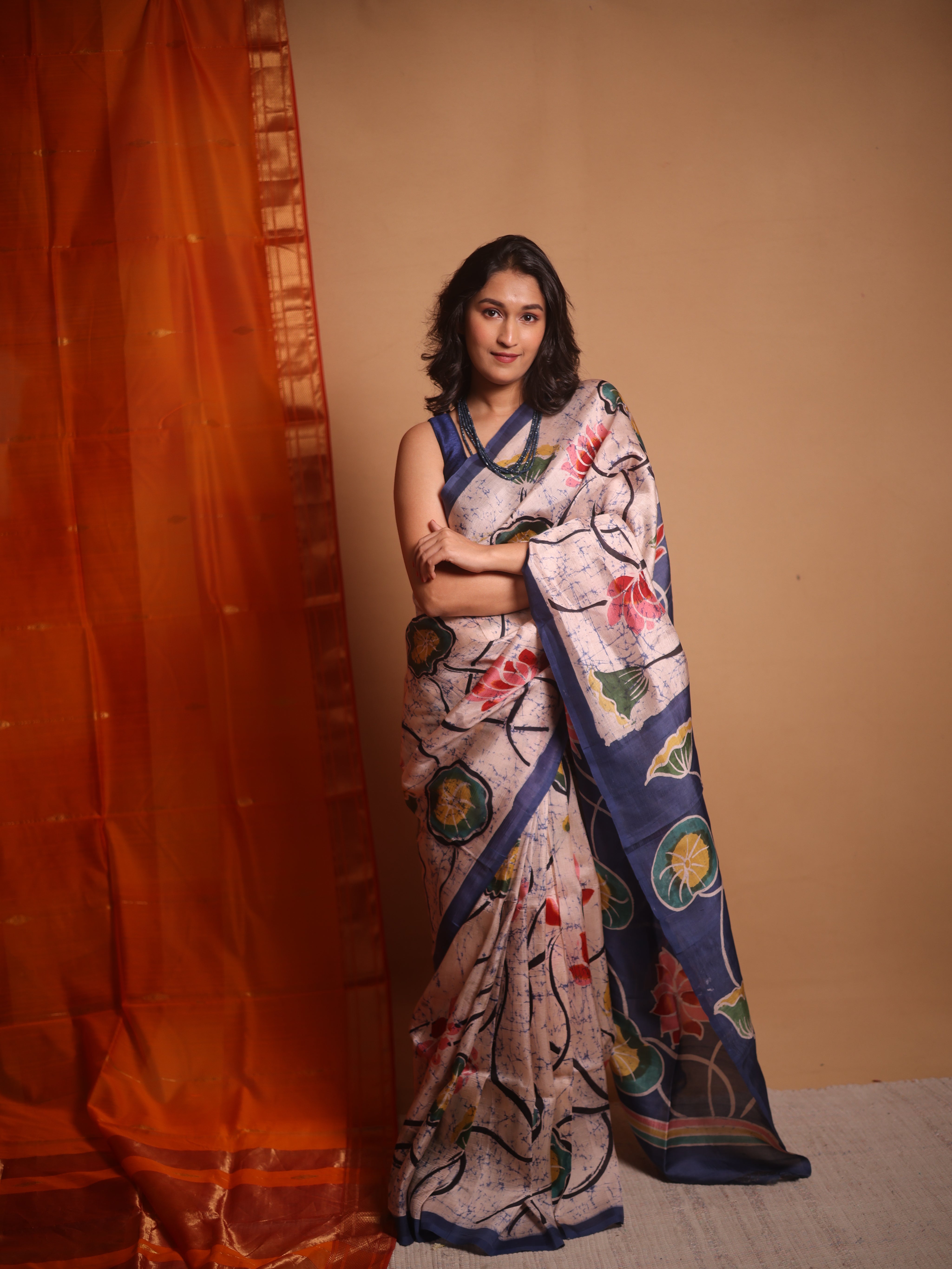 Peach Cream Batik Printed Tussar Silk Saree - SRPCPTSS046