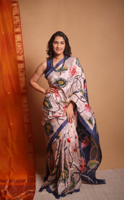 Peach Cream Batik Printed Tussar Silk Saree - SRPCPTSS046