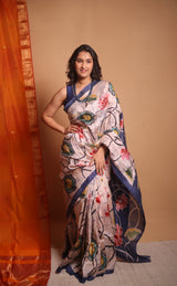 Peach Cream Batik Printed Tussar Silk Saree - SRPCPTSS046