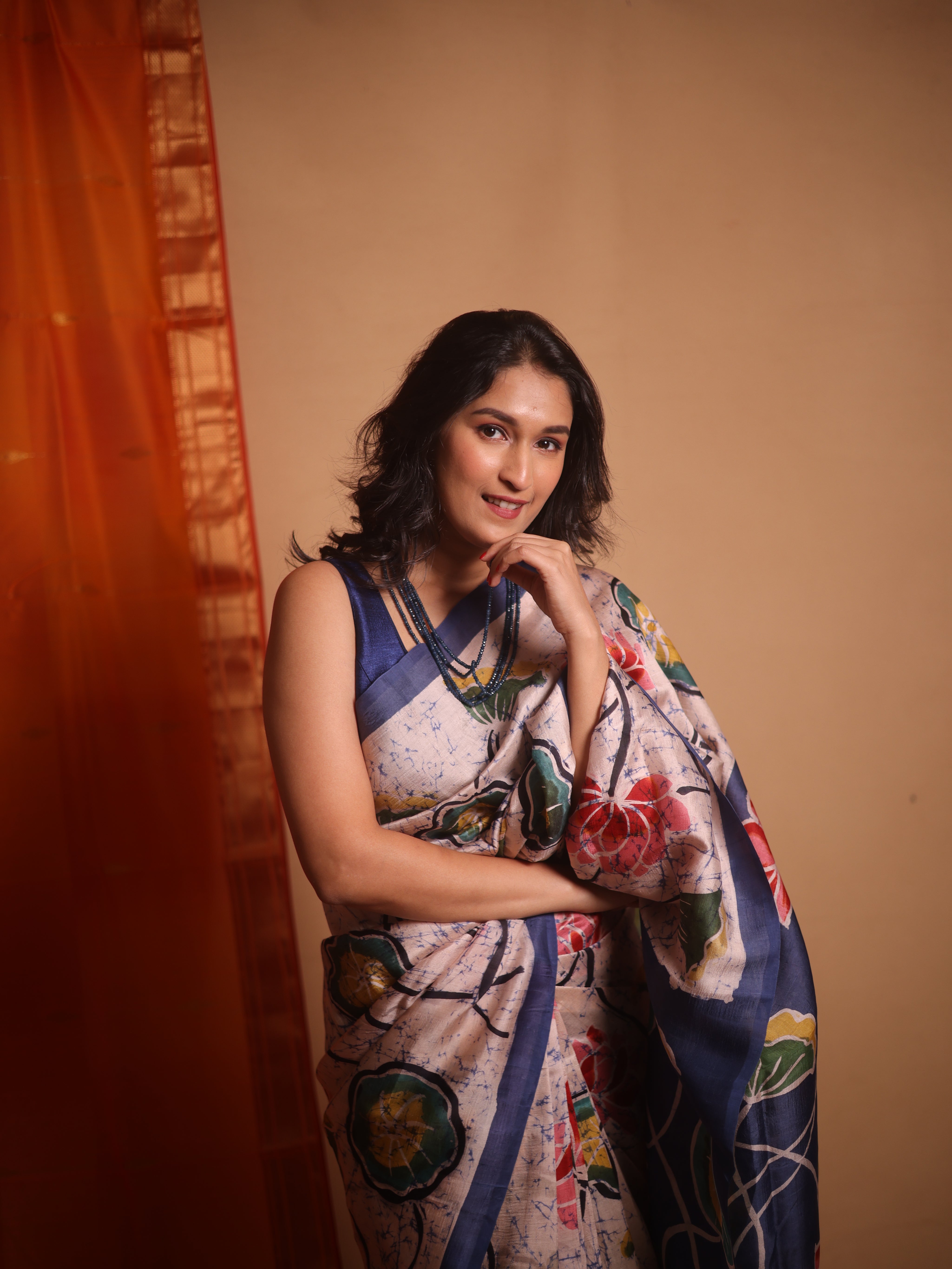 Peach Cream Batik Printed Tussar Silk Saree - SRPCPTSS046