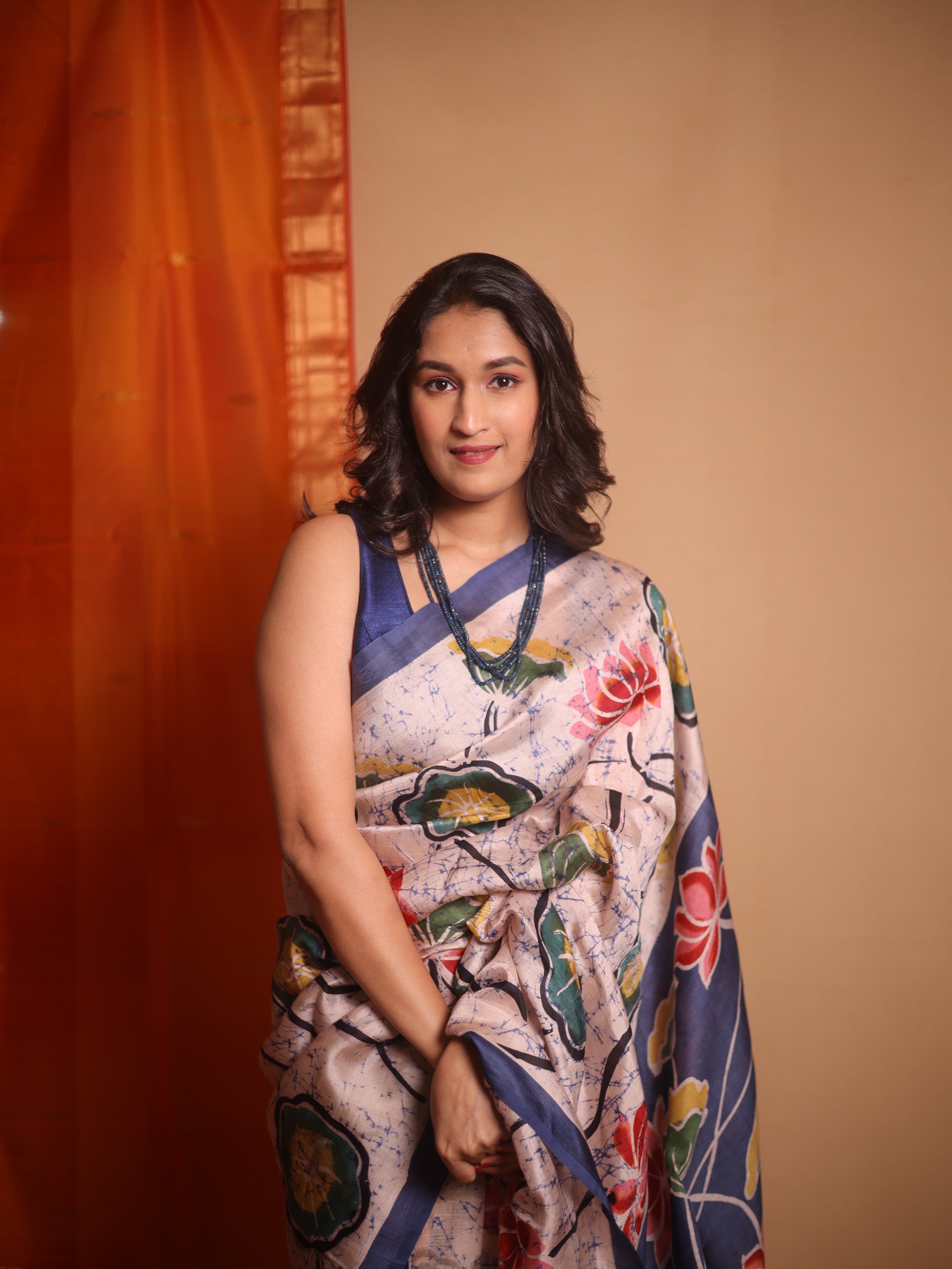 Peach Cream Batik Printed Tussar Silk Saree - SRPCPTSS046