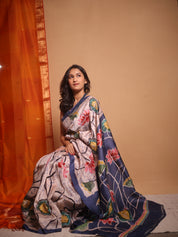 Peach Cream Batik Printed Tussar Silk Saree - SRPCPTSS046