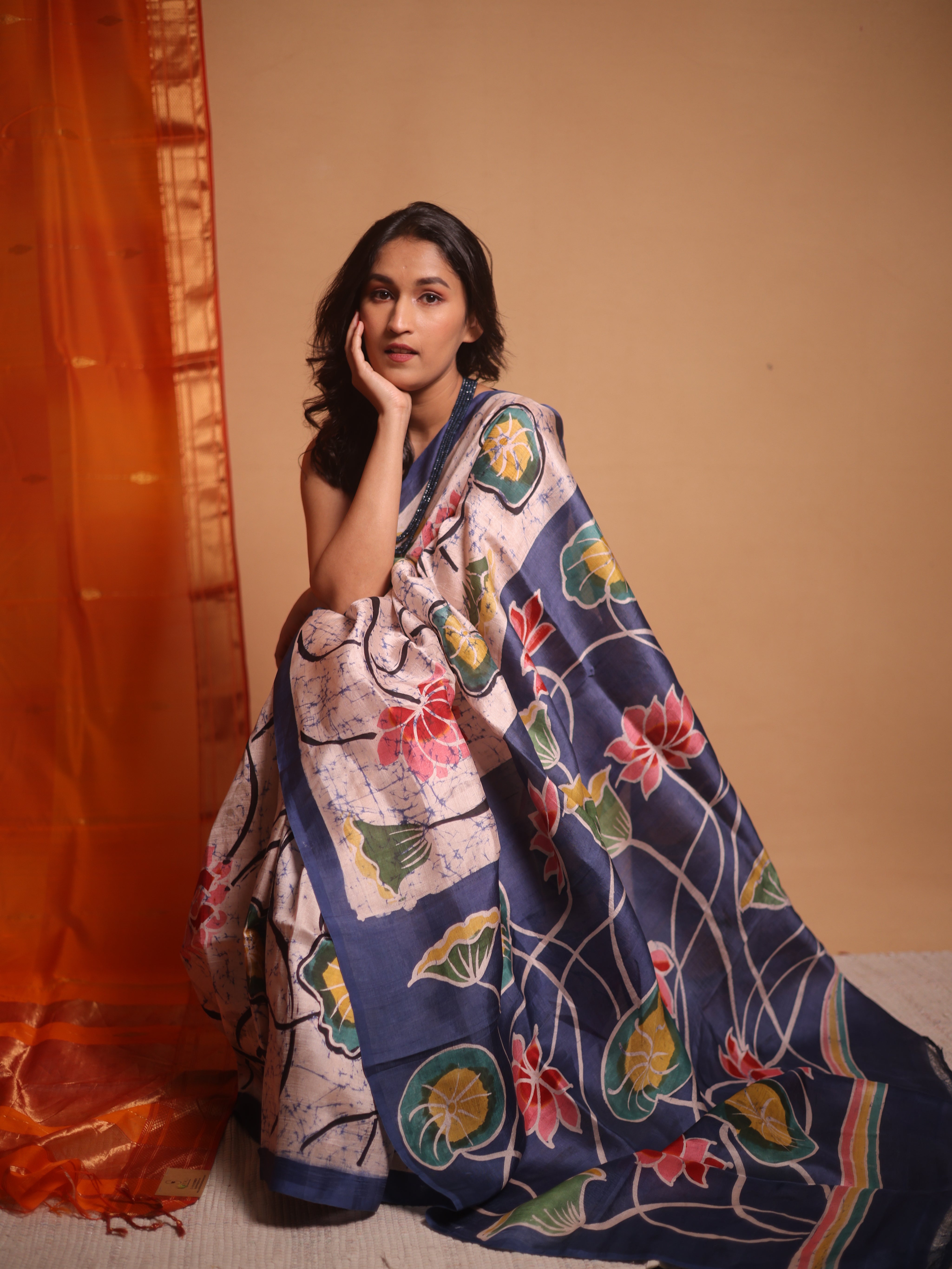 Peach Cream Batik Printed Tussar Silk Saree - SRPCPTSS046