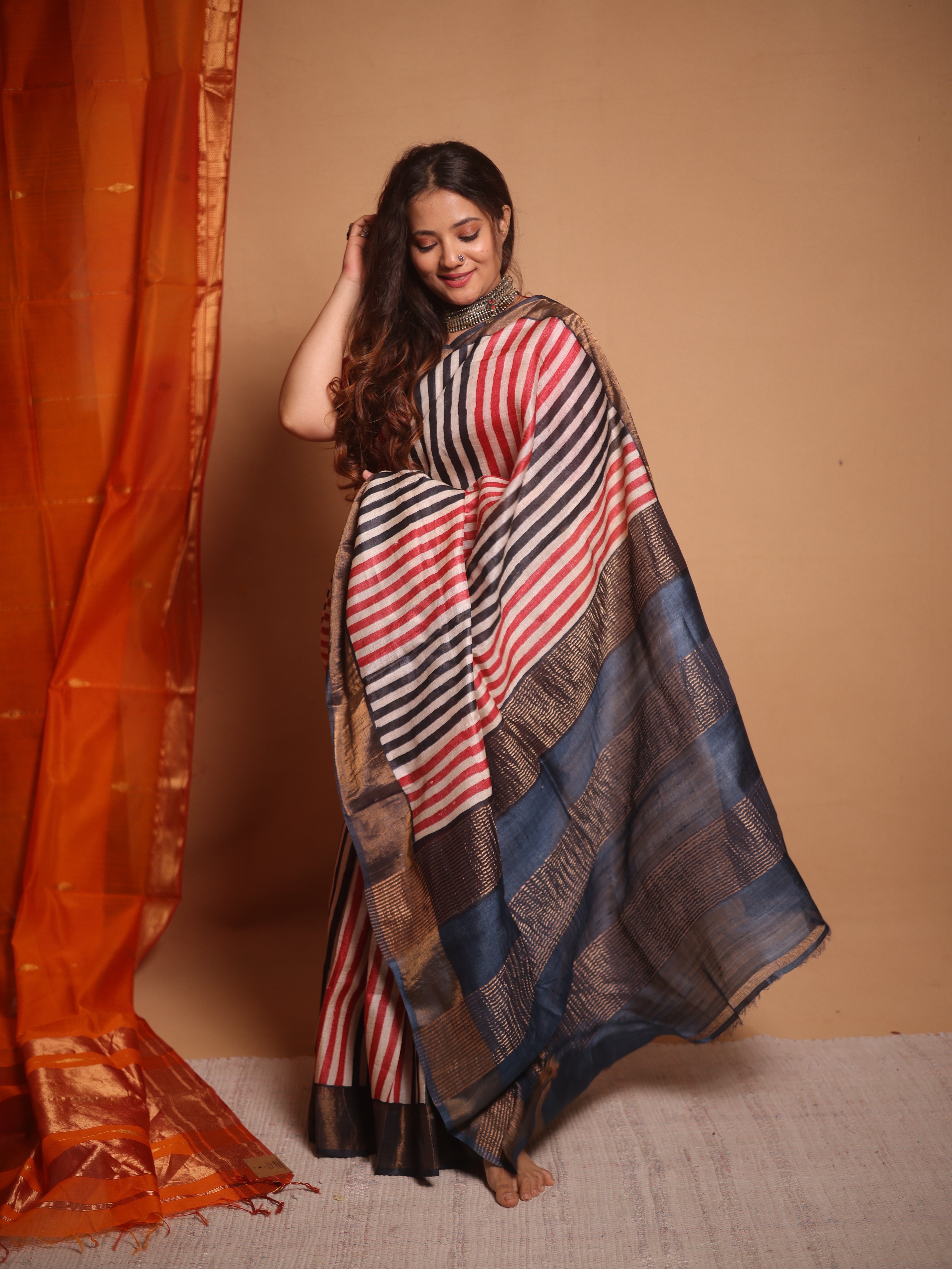 Cream Red Black HBP Tussar Silk Saree - SRCRBHTSS749