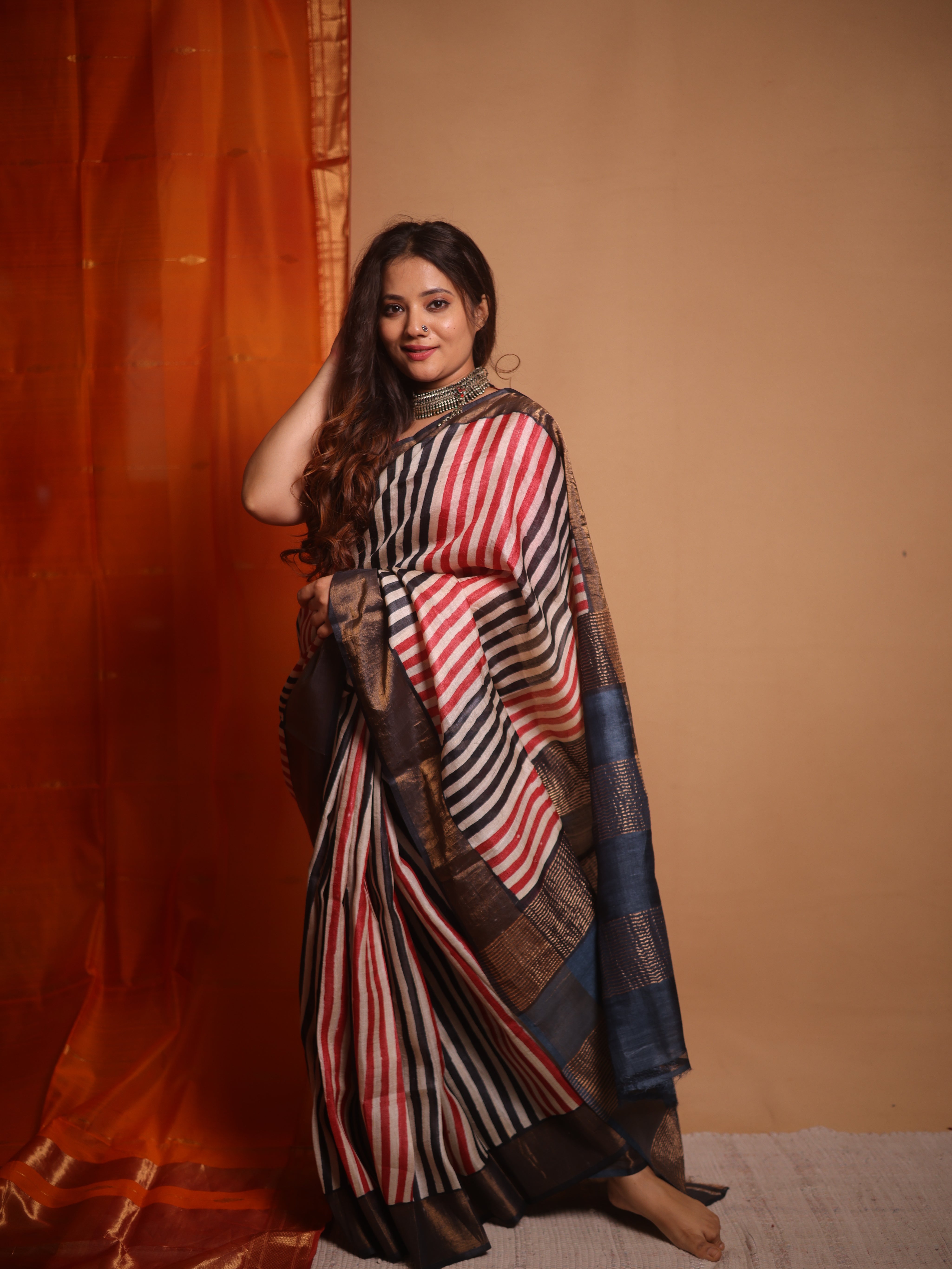 Cream Red Black HBP Tussar Silk Saree - SRCRBHTSS749