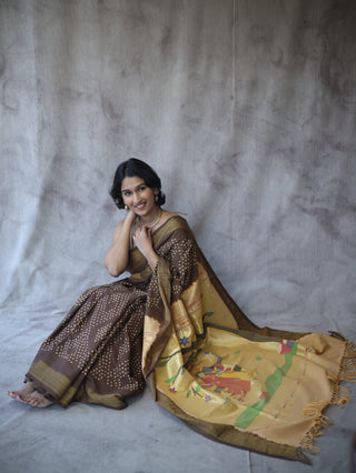 Brown Bandhani Cotton Paithani Saree-SRBBCPS319