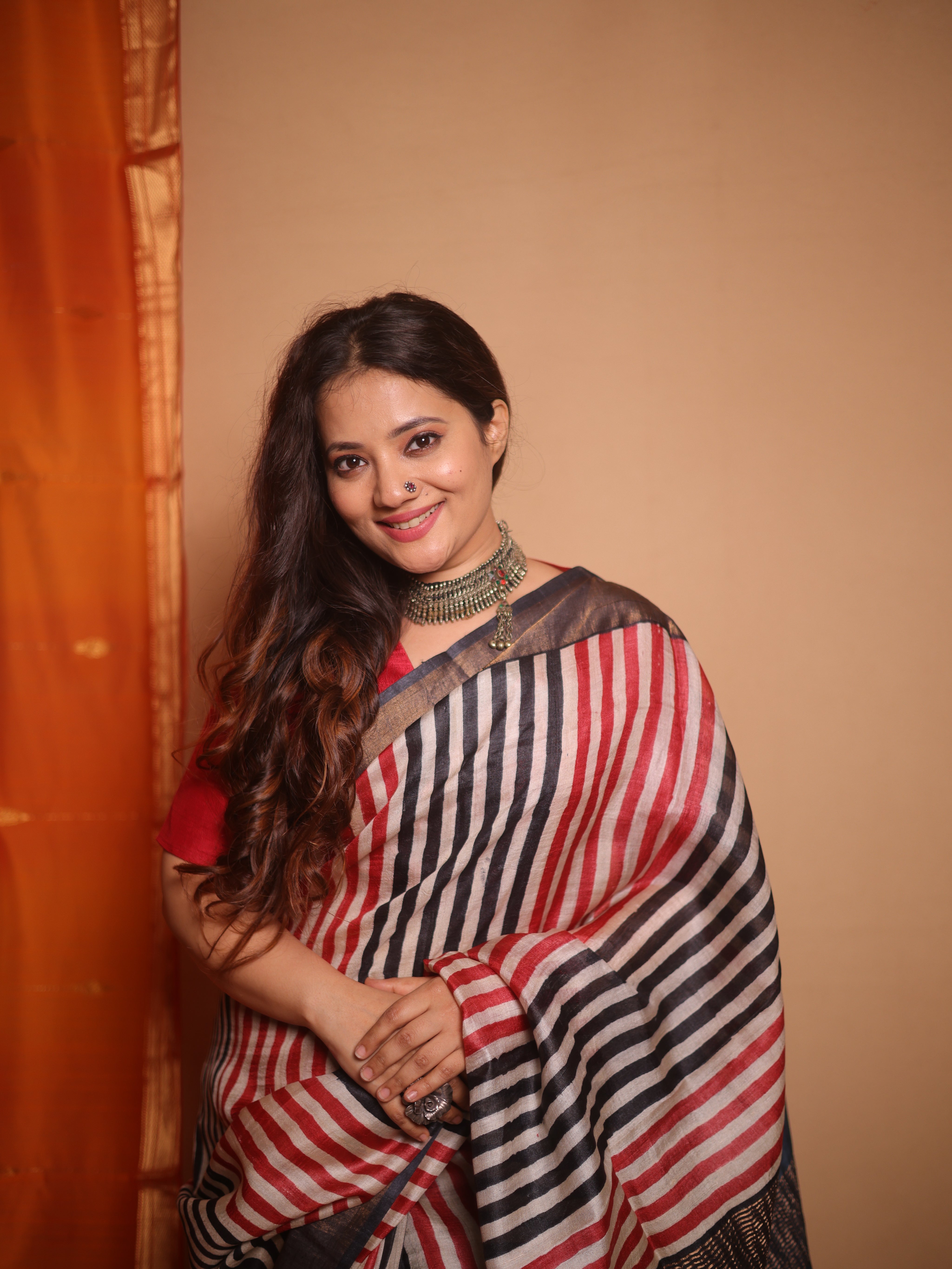 Cream Red Black HBP Tussar Silk Saree - SRCRBHTSS749