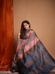 Cream Red Black HBP Tussar Silk Saree - SRCRBHTSS749