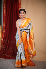 Grey Orange Gadwal Silk Saree - Saavari - SSGOGSS09