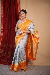 Grey Orange Gadwal Silk Saree - Saavari - SSGOGSS09