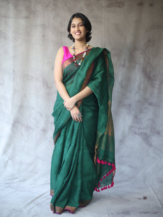 Dark Green Plain Linen Saree With Pink Tassels-SRDGPLS146EX