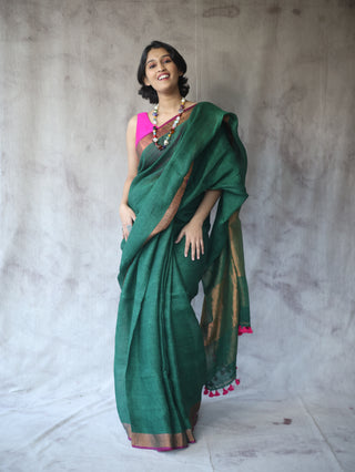 Dark Green Plain Linen Saree With Pink Tassels-SRDGPLS146EX