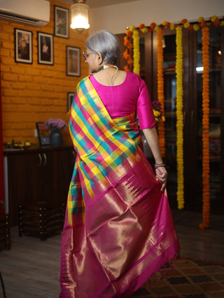 Multicolor Big Block Soft Silk Saree With Pink Pallu- SRMSSS135