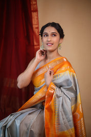 Grey Orange Gadwal Silk Saree - Saavari - SSGOGSS09