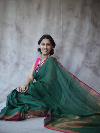 Dark Green Plain Linen Saree With Pink Tassels-SRDGPLS146EX