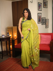 Olive Green Bengal Mul Cotton Saree - SROGBMCS049