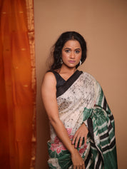 Cream Batik Printed Tussar Silk Saree - SRCPTSS045