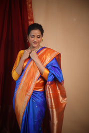 Blue Orange Gadwal Silk Saree - Saavari - SSBOGSS10