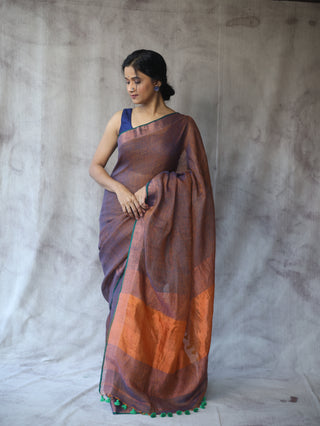 Two Tone Orange Plain Linen Saree With Green Tassels-SRTTOPLS190