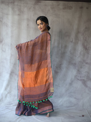 Two Tone Orange Plain Linen Saree With Green Tassels-SRTTOPLS190