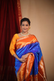 Blue Orange Gadwal Silk Saree - Saavari - SSBOGSS10