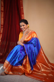 Blue Orange Gadwal Silk Saree - Saavari - SSBOGSS10