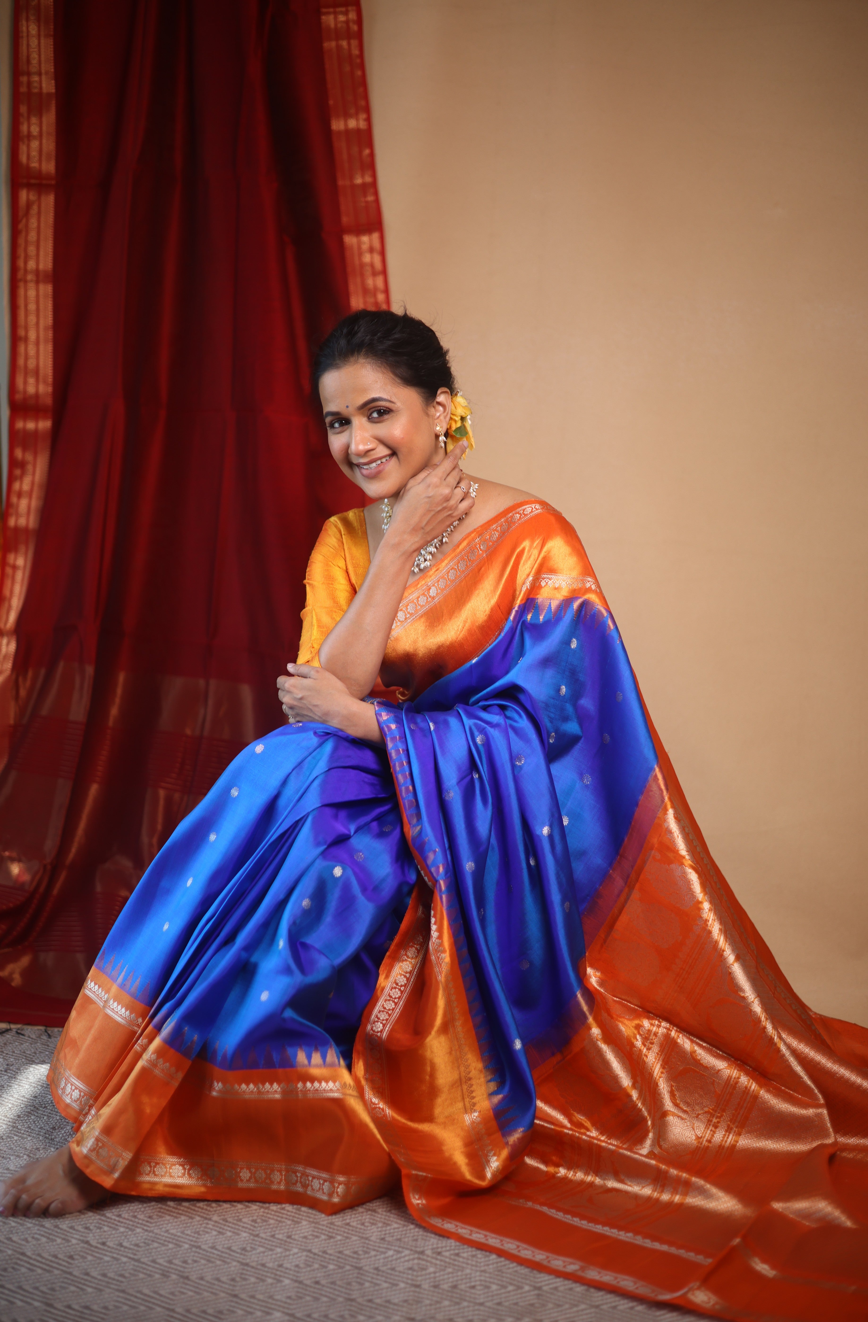Blue Orange Gadwal Silk Saree - Saavari - SSBOGSS10