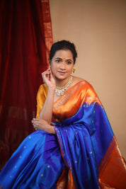 Blue Orange Gadwal Silk Saree - Saavari - SSBOGSS10