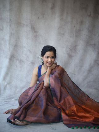 Two Tone Orange Plain Linen Saree With Green Tassels-SRTTOPLS190