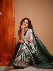 Cream Batik Printed Tussar Silk Saree - SRCPTSS045
