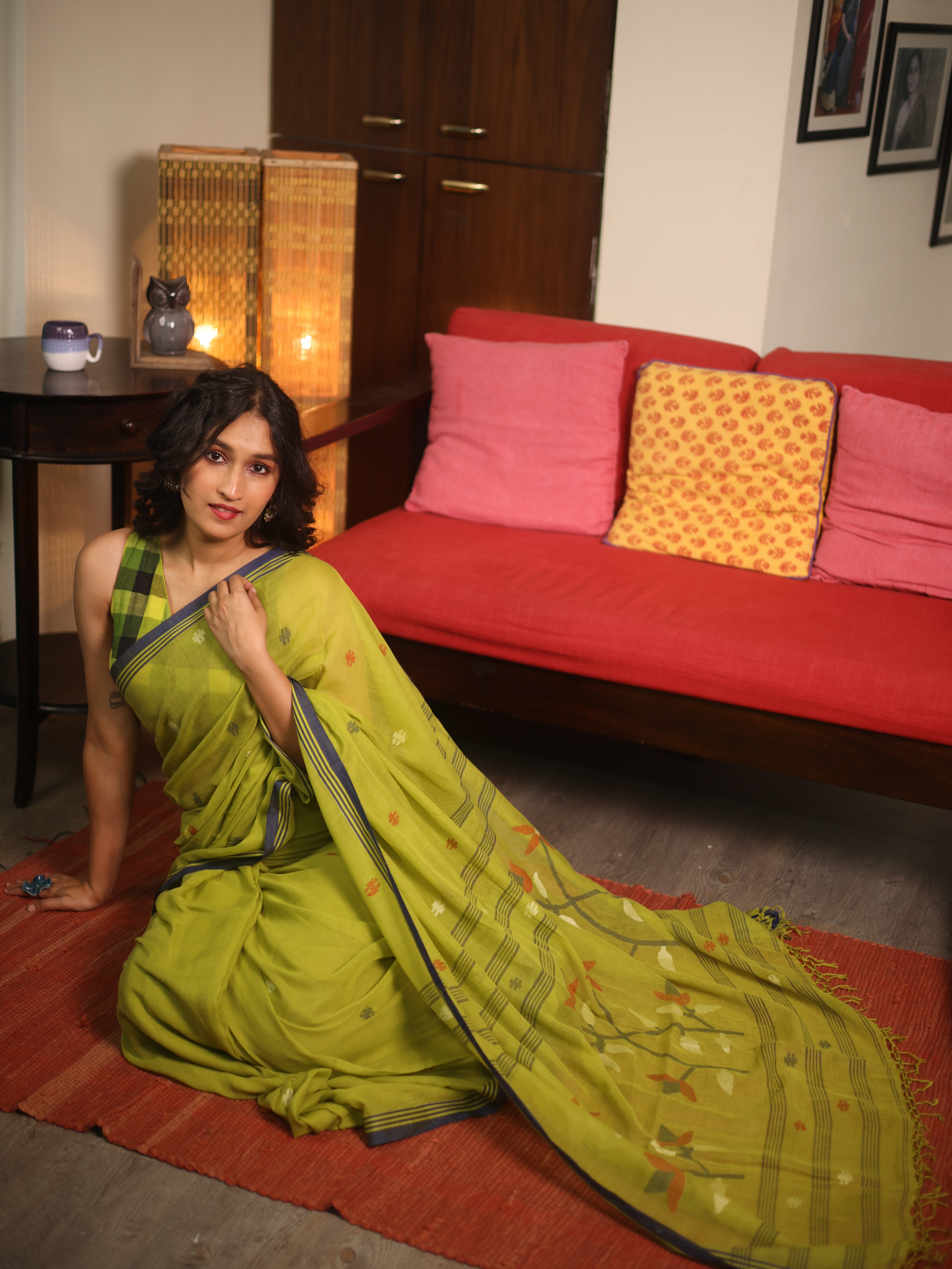 Olive Green Bengal Mul Cotton Saree - SROGBMCS049