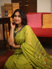 Olive Green Bengal Mul Cotton Saree - SROGBMCS049