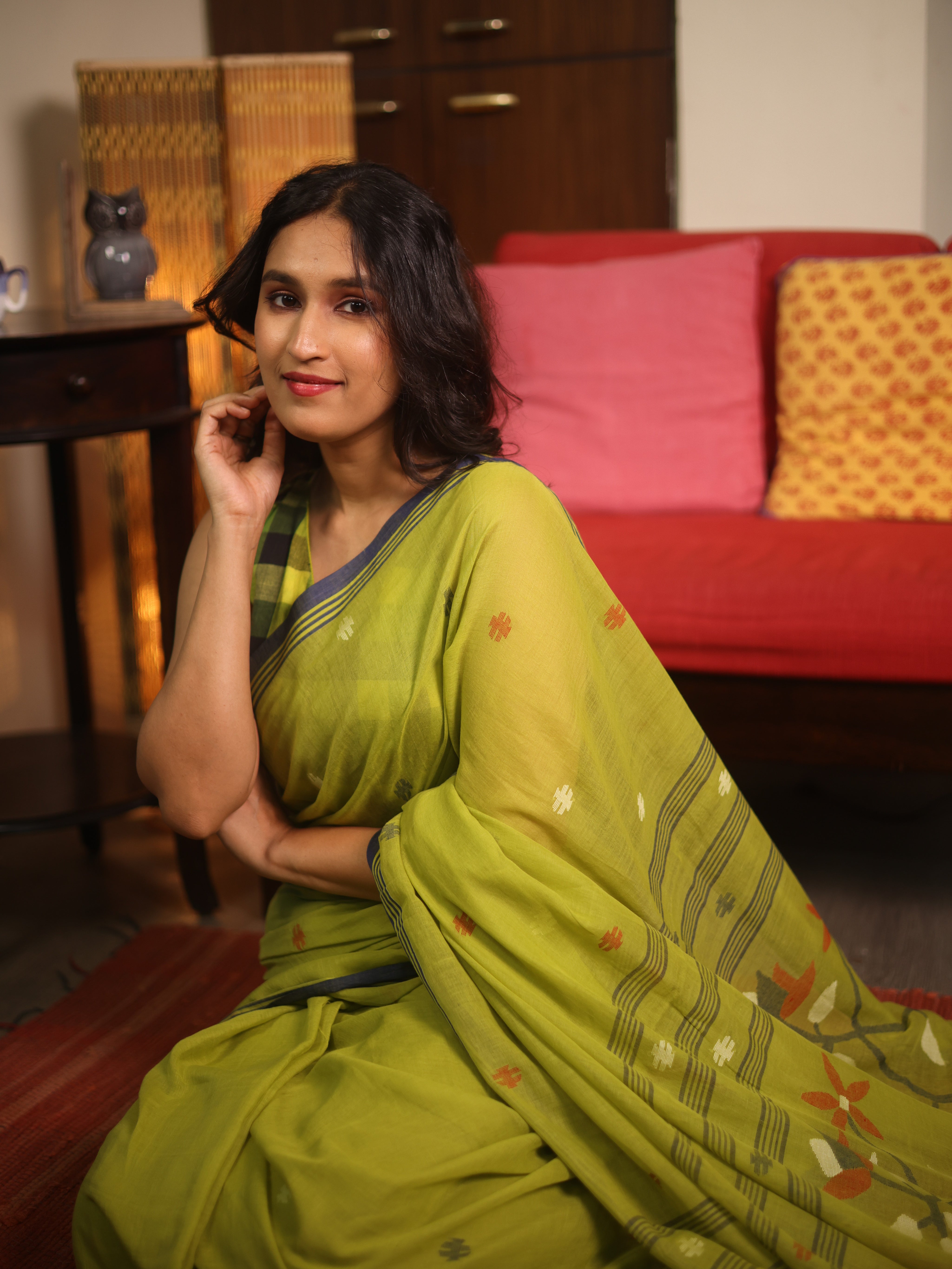 Olive Green Bengal Mul Cotton Saree - SROGBMCS049