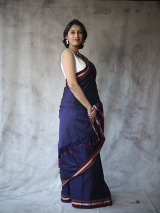 Dark Purple Plain Khun Saree With Maroon Border-SRDPPKS253