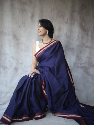 Dark Purple Plain Khun Saree With Maroon Border-SRDPPKS253