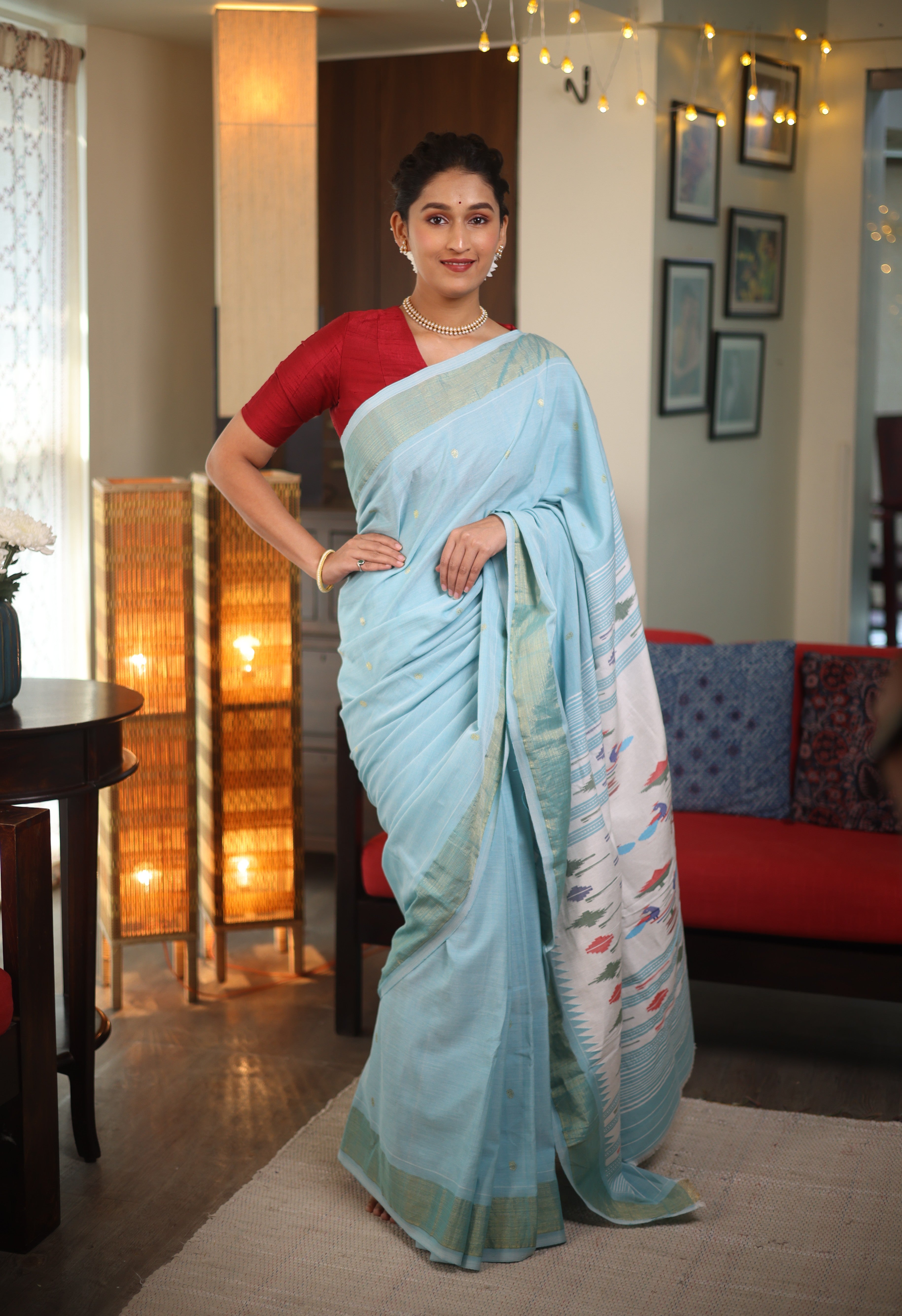 Aqua Blue Cotton Paithani Saree - SRABCPS593