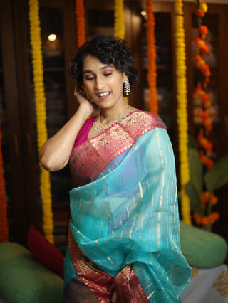 Turquoise Chanderi Tissue Silk Saree-SRTCTSS71